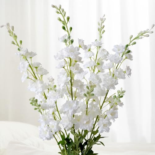JINWOE 4Pcs White Delphinium Artificial Flowers for Outdoors, 34''Long Stem Faux Silk Delphinium Flowers, Lifelike Real Touch Fake Flowers for Tall Vase Home Wedding Office Decor