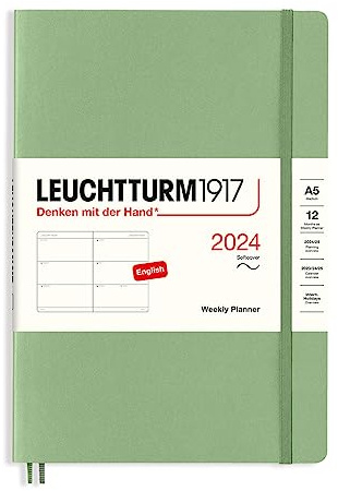 LEUCHTTURM1917 367662 Wochenkalender, Softcover, Medium (A5) 2024, 12 Monate, Salbei, Englisch