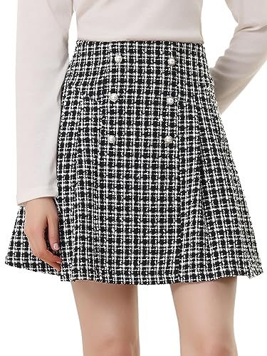 Allegra K Damen Tweed Rock Hoher Bund Karierter Elegant A-Linien Kurz Karo Rock Schwarz-Weiss L