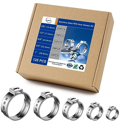 PEX Cinch Clamp Rings Kit (120 PCS), 5 Sizes in 3/8 1/2 5/8 3/4 1, 304 Stainless Steel Single Ear Hose Clamps for Plumbing and Pipe Fitting Connections, PEX tubing Pipe Fitting by RTHIEAI