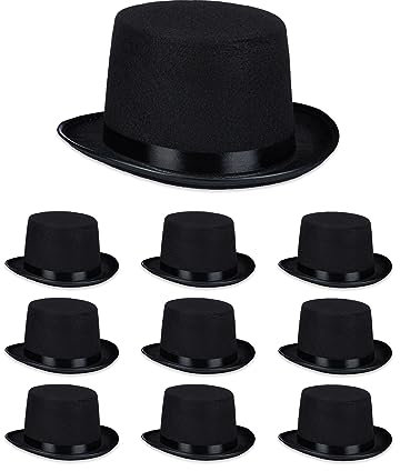 Relaxdays Zylinder Hut 10er Set, Zauberhut Damen & Herren, Kopfumfang 58 cm, Kostümzylinder Halloween, Karneval, schwarz