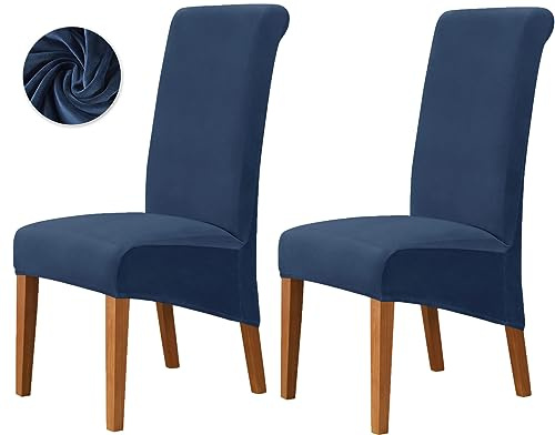 Deisy Dee Stretch XL/Oversized Extra Large Velvet Dining Room Chair Covers for Kitchen Dining，Removable Washable Chair Protectors Slipcovers (Navy, 2)