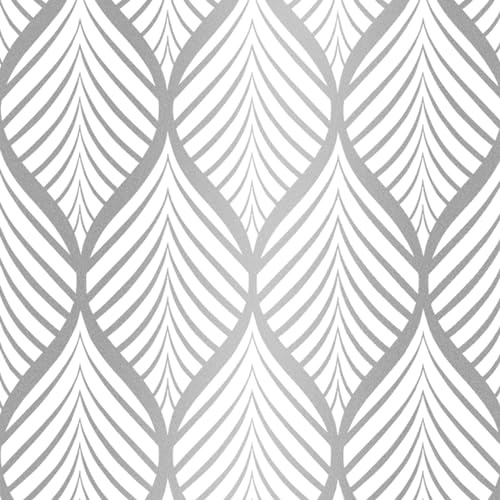 Ohmywor Silberne und weiße geometrische Tapete, selbstklebende Tapete, Silberstreifeneffekt, abziehen und aufkleben, selbstklebende Rückseite, Kunststoff für Wohnzimmer, Schlafzimmer, Dekoration, 44,5