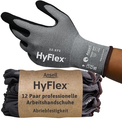 Ansell HyFlex 11-571 Guanti Antitaglio, Rivestimento in Nitrile Traspirante, Guanti da Lavoro Professionali Alta Protezione, Donna e Uomo, Lavabili, Grigio, Taglia XL (12 Paia)