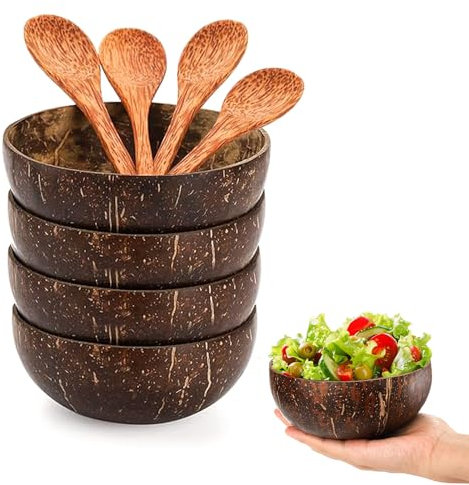 DXQCHDUO Cuencos de concha de coco pulidos, juego de 4 cuencos y cucharas de coco, juego de cuencos de coco hechos a mano, cuencos para batidos, postres y ensaladas de frutas, tazón de arroz y ramen,