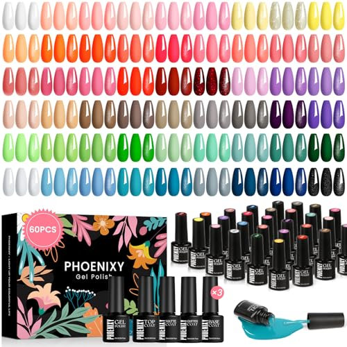 Phoenixy 60 Pcs UV Nagellack, 54 Farben Gel Nagellack UV mit Base Top Matte Glitter Coat, Rosa Blau Lila Farbe Gel Nägel Set
