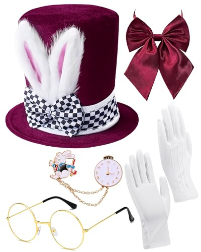 Sombrero de sombrero loco borgoña de terciopelo de felpa con orejas de conejo para mujeres y hombres, adultos, Halloween, cosplay
