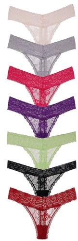 COLOROSES Confezione da 7 perizoma in pizzo da donna, con finiture in pizzo casuali e tessuto, comodo set di biancheria intima sexy con perizoma posteriore a T, Assortimento - 7 pezzi, Large