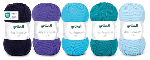 Gründl Wolle Lisa Premium uni 5 x 50 g, Marine-Blau-Türkis-Petrol | Garn zum Stricken - Häkelgarn - Weich und hautfreundlich - 100 % Polyacryl - Nadelstärke 3,5- 4,5