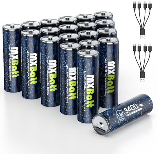 MXBatt Pilas Recargables AA 1.5V USB C 3400mWh Alta Capacidad, Pilas AA Recargables Litio 20 Pieces con Cable Puerto USB C 1500 Ciclos