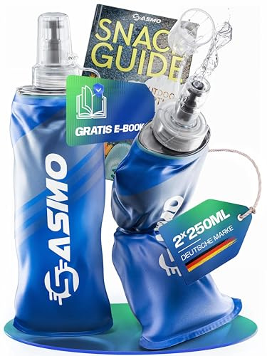 Faltbare Trinkflasche Soft Flask 2x250ml, BPA-Frei Ultraleicht - SASMO | Faltflasche Laufflasche für Laufweste, Wandern, Joggen, Radfahren, Trinkbeutel mit Schutzkappe, Geschmacksneutral, TPU