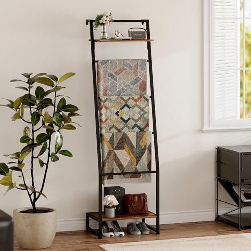 Nuoex Blanket Ladder with Shelf, 6 Layer Wall-Leaning Blanket Rack, Farmhouse Blanket Shelf for Storage and Home Decor, Freestanding Rack for Bathroom, Rustic Brown and Black