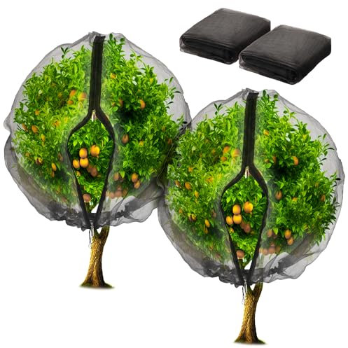 Homiton 2 Stück Obstbaumnetzbeutel mit Reißverschluss und Kordelzug, 1,8 x 1,8 m, ultrafeines Netz, Gartennetz, Pflanzenschutz, Vogelnetz für Heidelbeersträucher, Obstbäume, Blumen (schwarz, 1,8 x 1,8