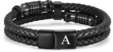 TOLOWOBK Lederarmband Herren mit Gravur A-Z Buchstaben Schwarz Doppelstrang | Männer Armband 21cm mit Edelstahl Magnetverschluss Geflochten Armbänder Weihnachten Geburtstag Geschenk für Mann Papa Freund