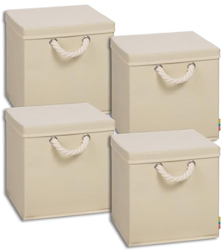 Storanda | 4er Set Aufbewahrungsbox mit Deckel | Kordel Griffband | Stabile & Faltbare Boxen | Regalboxen für Würfelregal Kallax | Ideal für Zuhause & Kinderzimmer | 31x31x30 cm | Natur