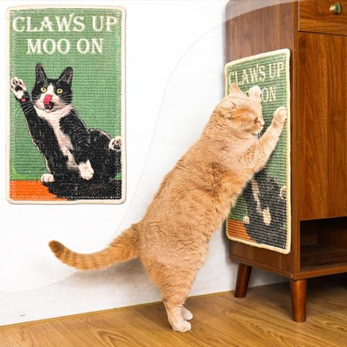 SOLDAY Kratzbrett Katze Wand & Couch Schutz, 56x33 cm Sisal Kratzmatte mit Starkem Klettband, Natürlicher Kratzschutz für Möbel, Sisalmatte für Boden, Eckmontage & Teppich(Kuhkatze)
