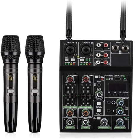 Mesa Mezclas, Mezclador De DJ De 4 Canales, Mezclador De Audio Profesional Con Micrófono Inalámbrico, Placa De Sonido, Interfaz De De Consola, UHF Dual Portátil