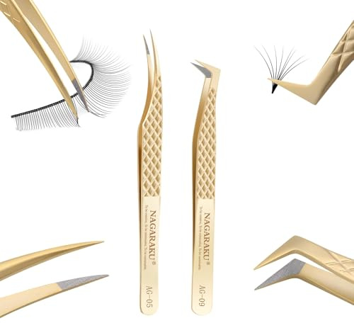 NAGARAKU Fiberspets Ögonfranspincett Set 1 Par Professionell Precision Pincett Rostfritt Stål Halkfritt Grepp Spik Raka & Böjda Spetsar Separerande Delfin & Volym Fläkt L-Typ Lash Tweezer（AG-05&AG-09）
