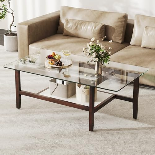 COSTWAY Tavolino da Caffè in Vetro, Tavolino Rettangolare a 2 Livelli con Ripiano e Gambe in Legno di Gomma, Tavolo Moderno per Soggiorno, Casa e Ufficio, 107 x 60 x 42 cm