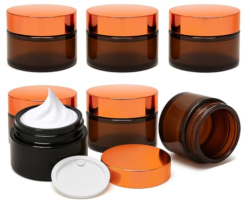 OVBOVA 6 Pièces Verre Boîte Vide, 30 ML Pots de Pommade Pots de Crème à Remplir, Pot en Verre Brun avec Couvercle et Liner pour Crèmes Cosmétiques Lotions Huiles Essentielles