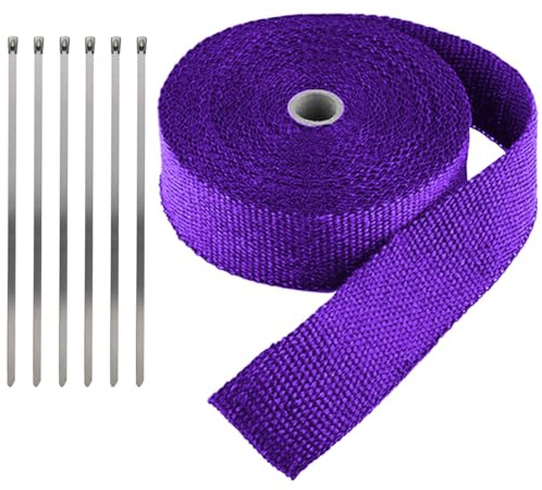 LKRXW Hitzeschutzband Auspuffband Glasfaser Auspuff Isolierband Motorrad Auspuffkrümmer Band Hitzeschild Thermoband Krümmerband Wickelband Lila 5CM x 10M mit 6 Kabelbinder