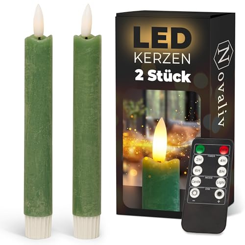 Novaliv Stabkerzen LED mit Timer Grün 2er Indoor mit 6 Stunden Timer - ECHTWACHS 18cm Höhe für Kerzen 2,2cm Durchmesser 2 AAA Batterien notwendig LED Stabkerzen flackernde Flamme bewegliche Flamme