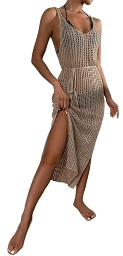 IUVYTA Vestido Playero de Malla Transparente for Mujer, Vestido Playero Sexy sin Mangas con Abertura, Traje de baño Liso de Rejilla for Verano para Mujer(Khaki)