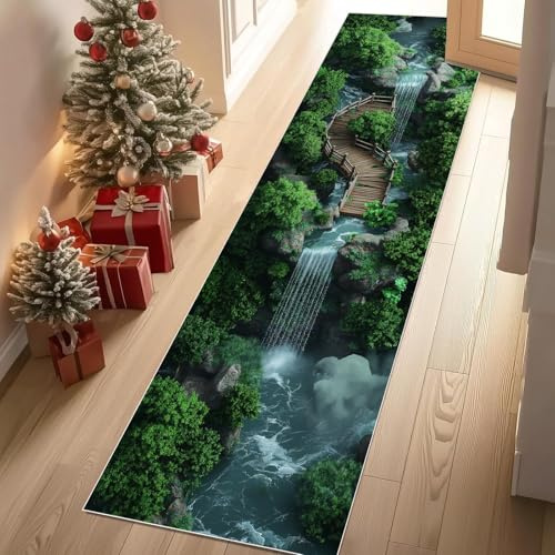 Jijliczc Natur Landschaft Anlage Teppich Flur Läufer 3D Dschungel Fallen Brücke Teppichläufer Küchenläufer Carpet rutschfest Waschbar für Bettvorleger Flur Küche Waschküche 80x100 cm