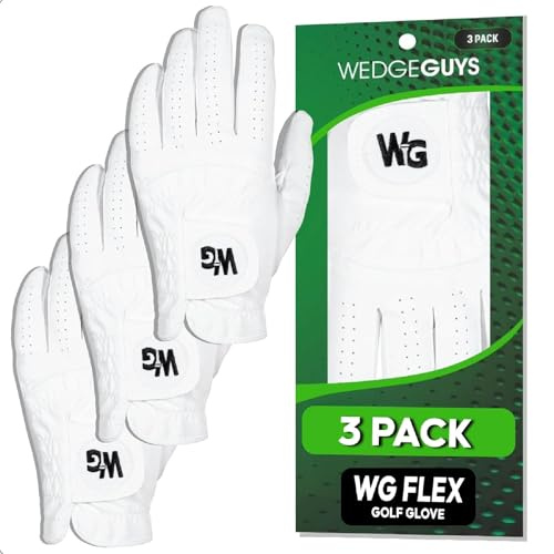 Wedge Guys WG Flex Cabretta Golfhandske i Lyxigt Läder - Mjuka Golfhandskar för Herrar (Vänster Hand) - Stil, Komfort & Grepp - Golfhandskar för Män Lyxiga Golfpresenter för Män & Gåvor - Vit (3-Pack)