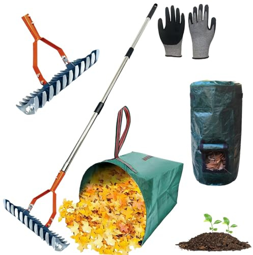 Nurtureup Râteau Double Tête 135 cm avec Sac 150 L, Sac Compost 127 L & Gants HPPE-Nitrile – Râteau de Jardin, Scarificateur Manuel et Râteau de Nivellement pour Pelouse