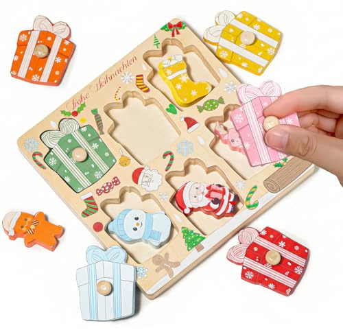 Kinder ab 1 Jahr, Montessori Motorikspielzeug Holzpuzzle mit Greif- und Sortierspiel, Lernspielzeug für Jungen & Mädchen