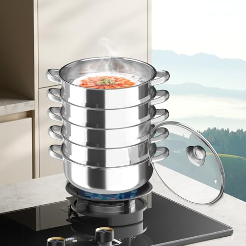 Fornello a vapore in acciaio inox, a 5 strati, con coperchio trasparente, Ø 30 cm, pentola a vapore a induzione, per verdure, pesce, zuppa, gnocchi