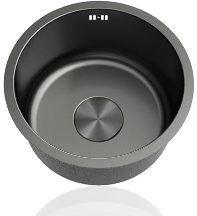 Fregadero de cocina redondo pequeño de acero inoxidable 304, color negro, con escurridor y desbordamiento, perfecto para bar/restaurante (Ø 40 cm)