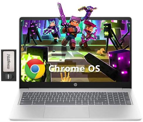HP Laptop Chromebook HD de 15.6 pulgadas, procesador Intel N200, 8 GB LPDDR5, 224 GB de almacenamiento (eMMC de 64 GB + juego de estación de acoplamiento de 160 GB), gráficos Intel UHD, cámara web HD
