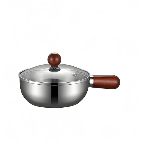 ‌316 Stainless Steel 16cm Saucepan with Lid，Walnut Handle Noodle Pot, Compact Frying Pan for 1-2 Person Breakfast, Non-Stick & Rust-Proof Pot, Compatible with Induction/Gas Stoves.