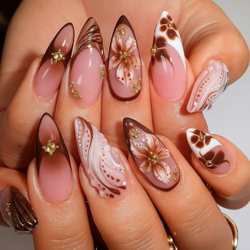 Stiletto Press-On Nails, 10-Piece Pink And Brown 3D Floral Swirl Set | Long Pointed Fake Nail Tips, Raised White Details, Gold-Tone Embellishments, For Evening Events And Decorative Manicures