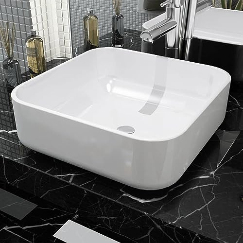 Mokuyary Lavabo da appoggio in ceramica, quadrato, in ceramica, bianco, 39 x 39 x 13,5 cm