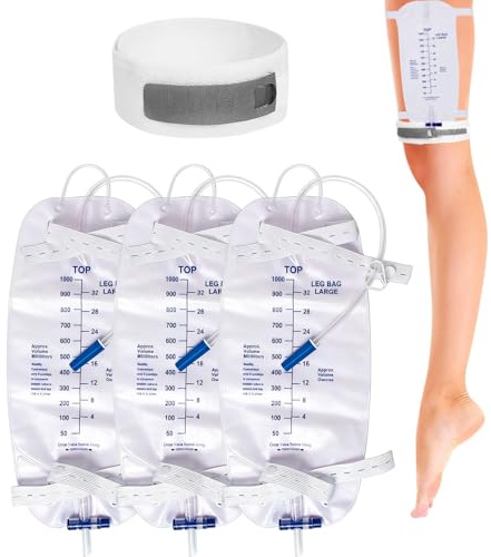 Urine Drainage Bags, 3 Pcs 1000ml Catheter Leg Bag, Catheters Night Bag with Adjustable Tightness Catheter Drainage Fixation Strap and Anti Reflux Chamber with T-tap Valve and Tube