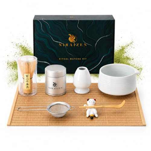 Kit Té Matcha Premium NIRAIZEN – Set Matcha Completo con Cuenco de Cerámica, Batidor de Bambú Chasen, Chashaku, Colador, Lata y Accesorios – Matcha Kit ideal para Preparar Té Matcha Japonés