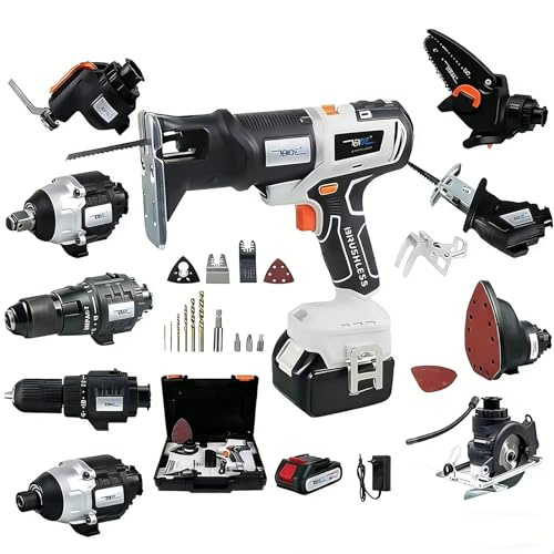 Juego de herramientas inalámbricas 10 en 1, kit de herramientas eléctricas multifunción con motor sin escobillas, kit combinado de herramientas eléctricas con 2 baterías, juego de lijadora de sierra p