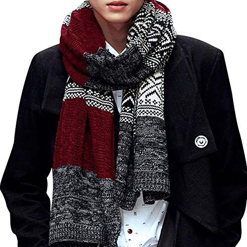 CHIC-Tricot Echarpe Châle Longue Homme Femme Doux Rayures Vintage Hiver (Rouge)