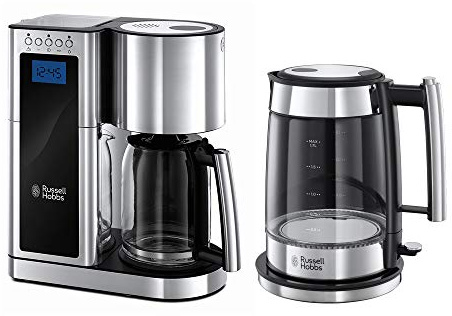 Russell Hobbs Digitale Kaffeemaschine Elegance Edelstahl, Timer-Funktion, bis 10 Tassen, 1,25l Glaskanne, 1600W & Wasserkocher, Glas Elegance, 1.7l, 200W