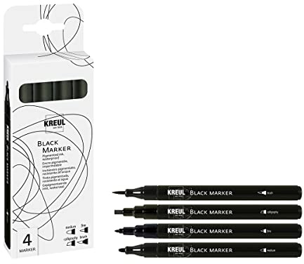 KREUL 18170 - Black Marker 4er Set mit verschiedenen Spitzen, wasserfeste, pigmentierte Tinte, ideal für Skizzen, Illustrationen und Handlettering