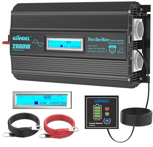 GIANDEL 2000W Reiner Sinus Wechselrichter 12V auf 230V Spannungswandler mit Magnetisches Ringdesign, Batteriekabel aus Reinem Kupfer, Kompatibel mit Lithium-Batterie, LCD Bildschirm Für Wohnmobil, LKW