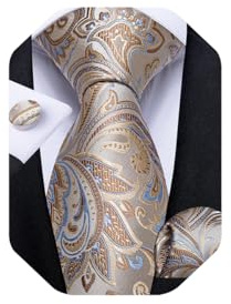 DiBanGu Mens Tie Set Silk Solid Paisley Necktie and Pocket Square Cufflinks Classic Formal Ties for Men Wedding Party, Dark Champagne