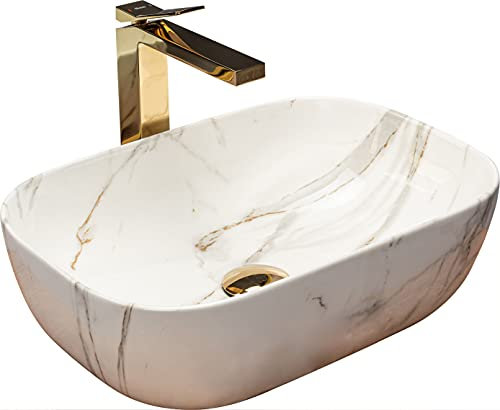 Rea Lavabo da Appoggio BELINDA AIAX Lavabo Bagno 460 x 320 x 125 mm in Ceramica (Beige, imitazione marmo)