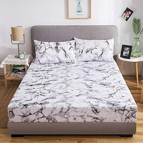 Damier Marmor Spannbettlaken 180x200cm Grau Weiß Marmor Muster Spannbetttuch Weiche Mikrofaser Boxspringbett Bettlaken geeignet für Matratzen von 30cm