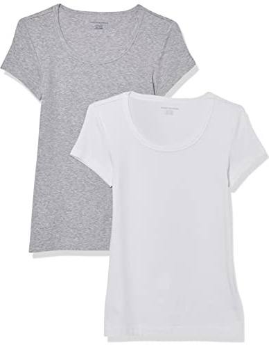 Amazon Essentials Women's Slim-Fit Cap-Sleeve Scoop Neck T-Shirt, Pack of 2, White/Light Heather Grey, Small