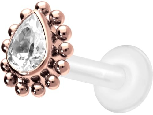 PIERCINGLINE PTFE Labret mit Innengewinde | TITAN AUFSATZ KRISTALLTROPFEN | Piercing Lippe Nase Ohr Helix | Farb & Größenauswahl