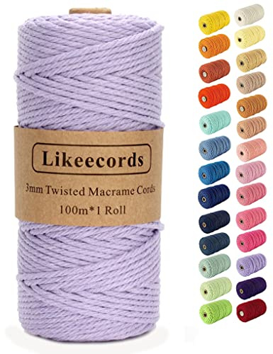 Likeecords Makramee-Schnur, 3 mm x 110 Yards, farbiges Makramee-Seil, Baumwollseil, Makramee-Garn, Bunte Baumwollschnur, zum Aufhängen von Pflanzen, zum Basteln, Stricken (Hellviolett)